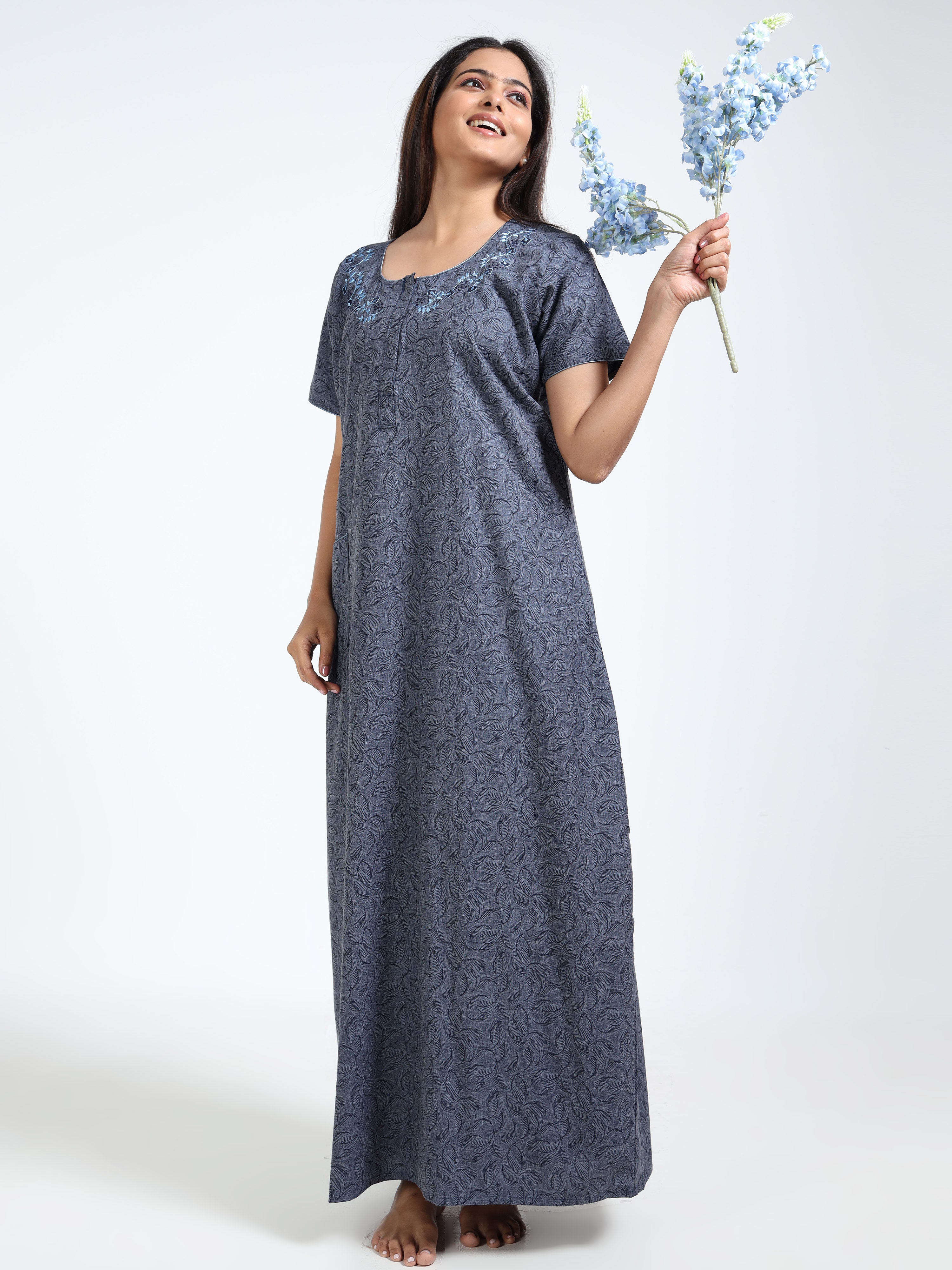 Alpine Cotton Nighty – Stylish Grey Paisley Comfort Wear for Indian Women