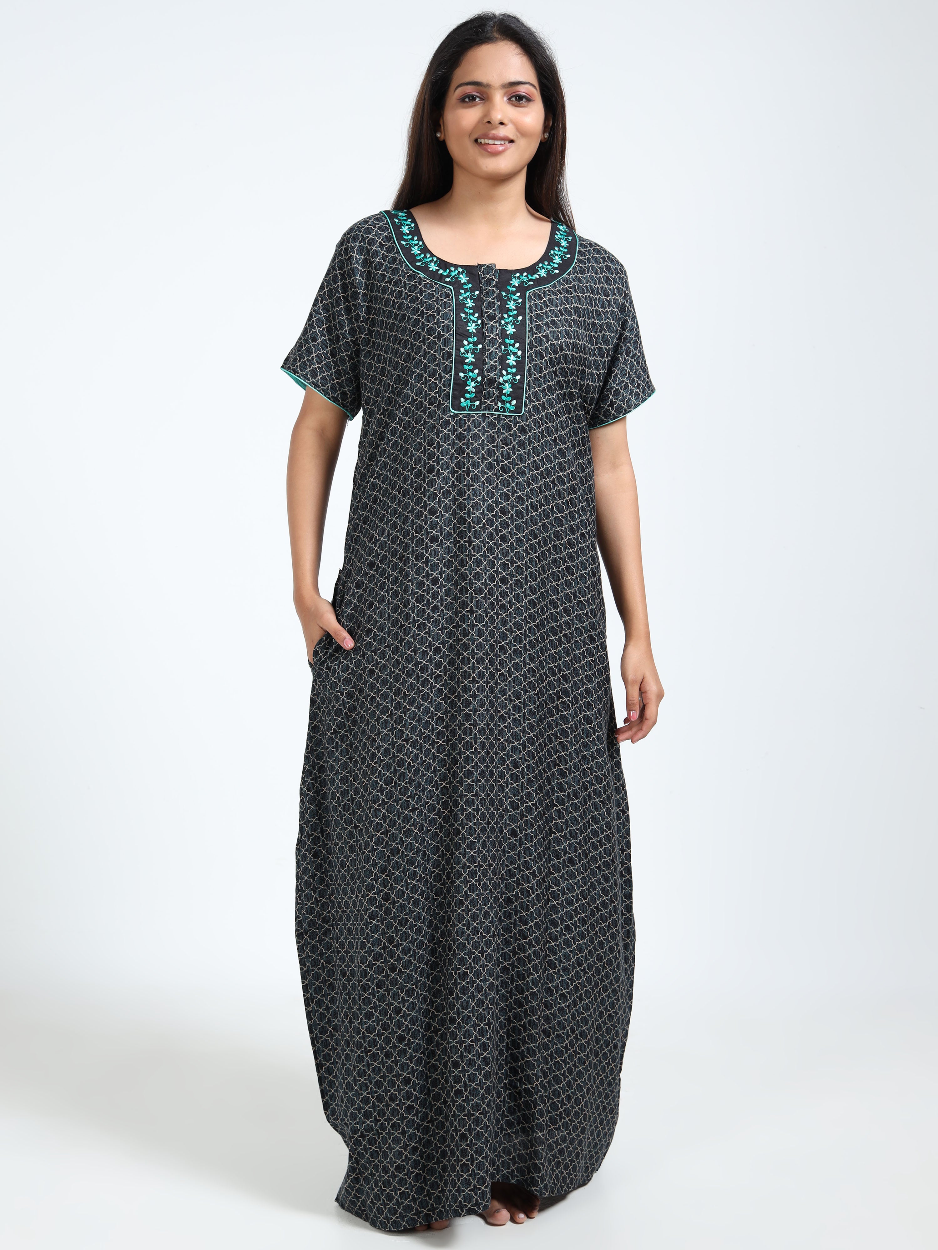 Alpine Cotton Nighty – Black Printed Nightwear with Elegant Green Embroidery
