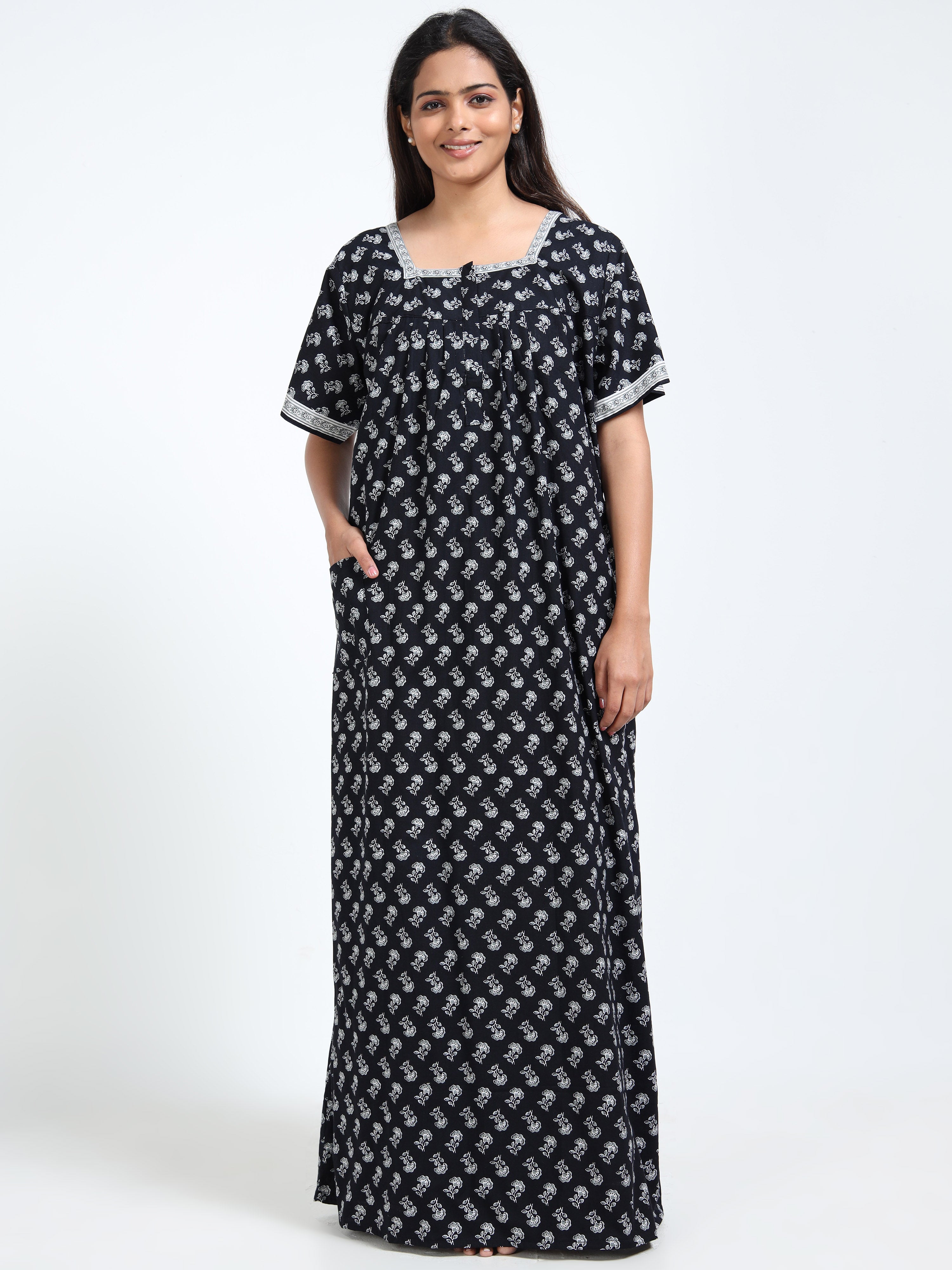 Jaipur Cotton Nighty – Black Block Print Nightwear for Indian Women