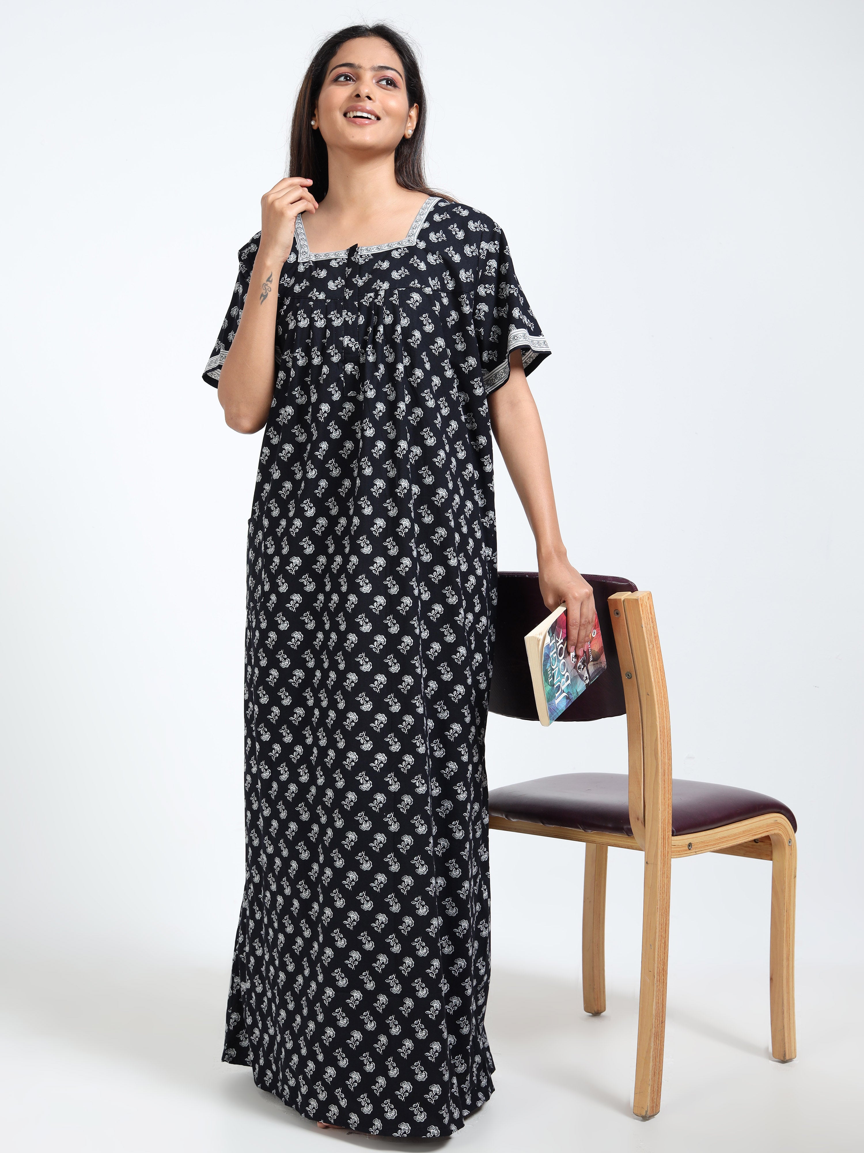 Jaipur Cotton Nighty – Black Block Print Nightwear for Indian Women