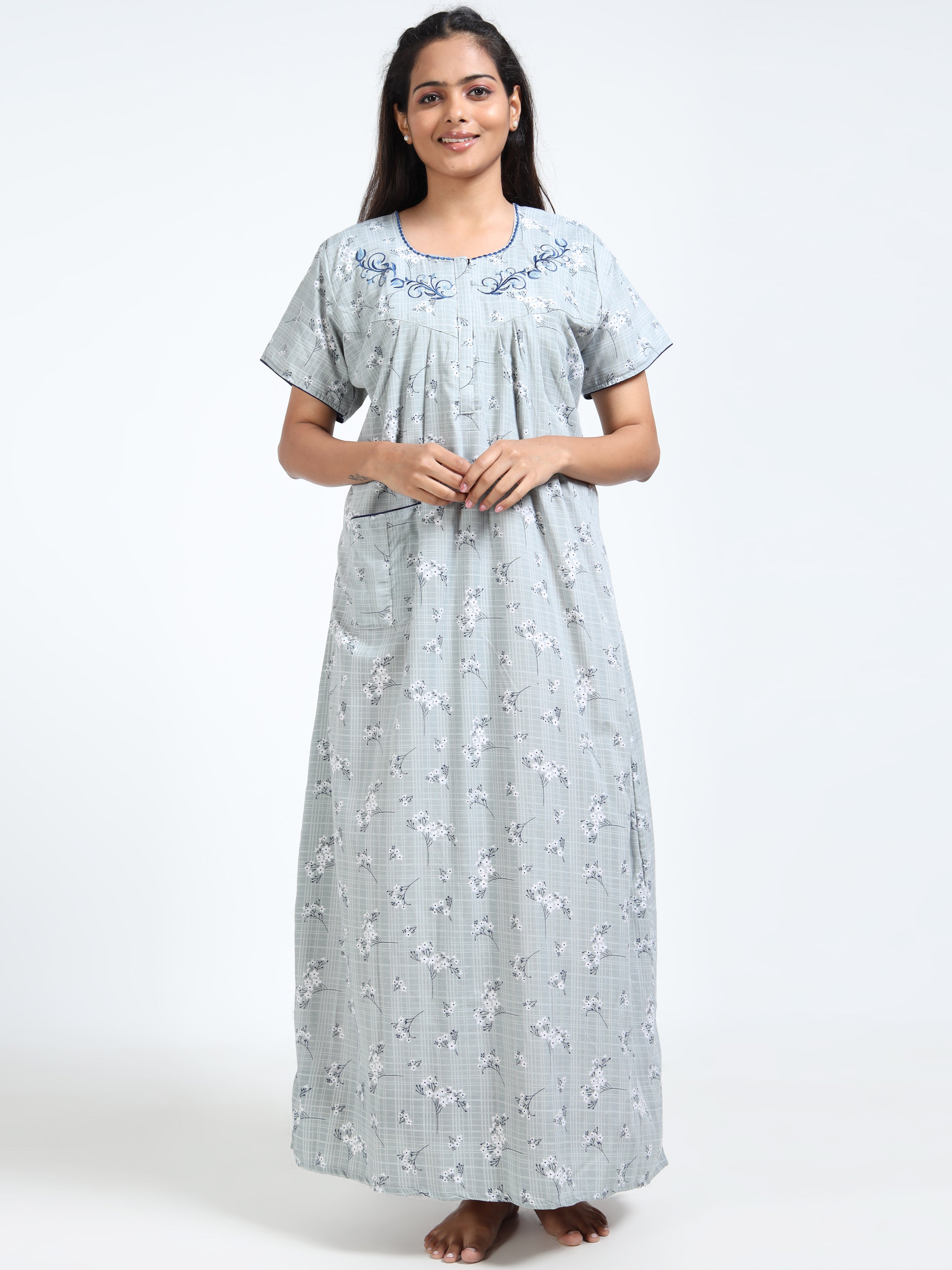 Soft Grey Bloom Cotton Nighty – Subtle Floral Elegance