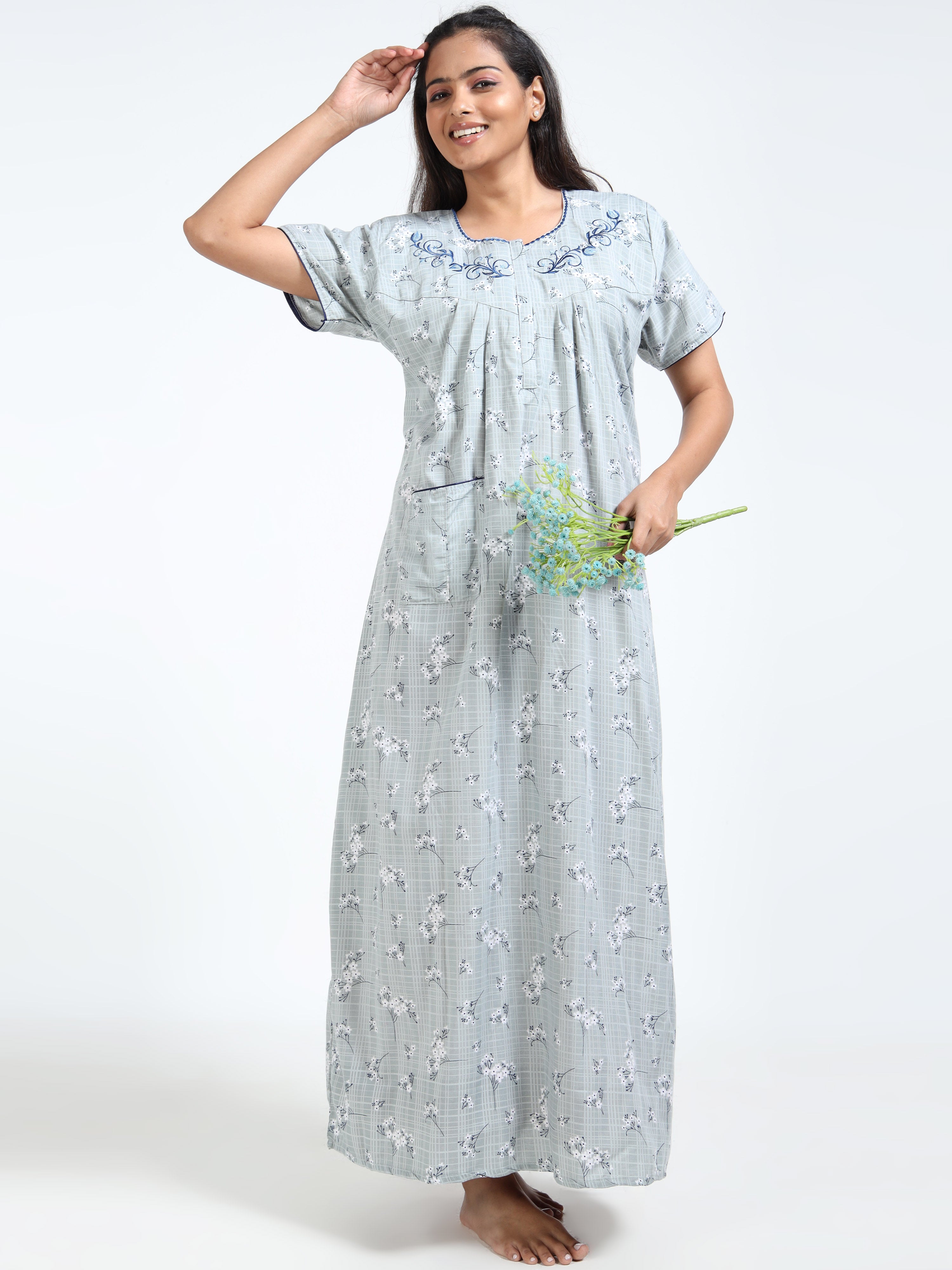 Soft Grey Bloom Cotton Nighty – Subtle Floral Elegance