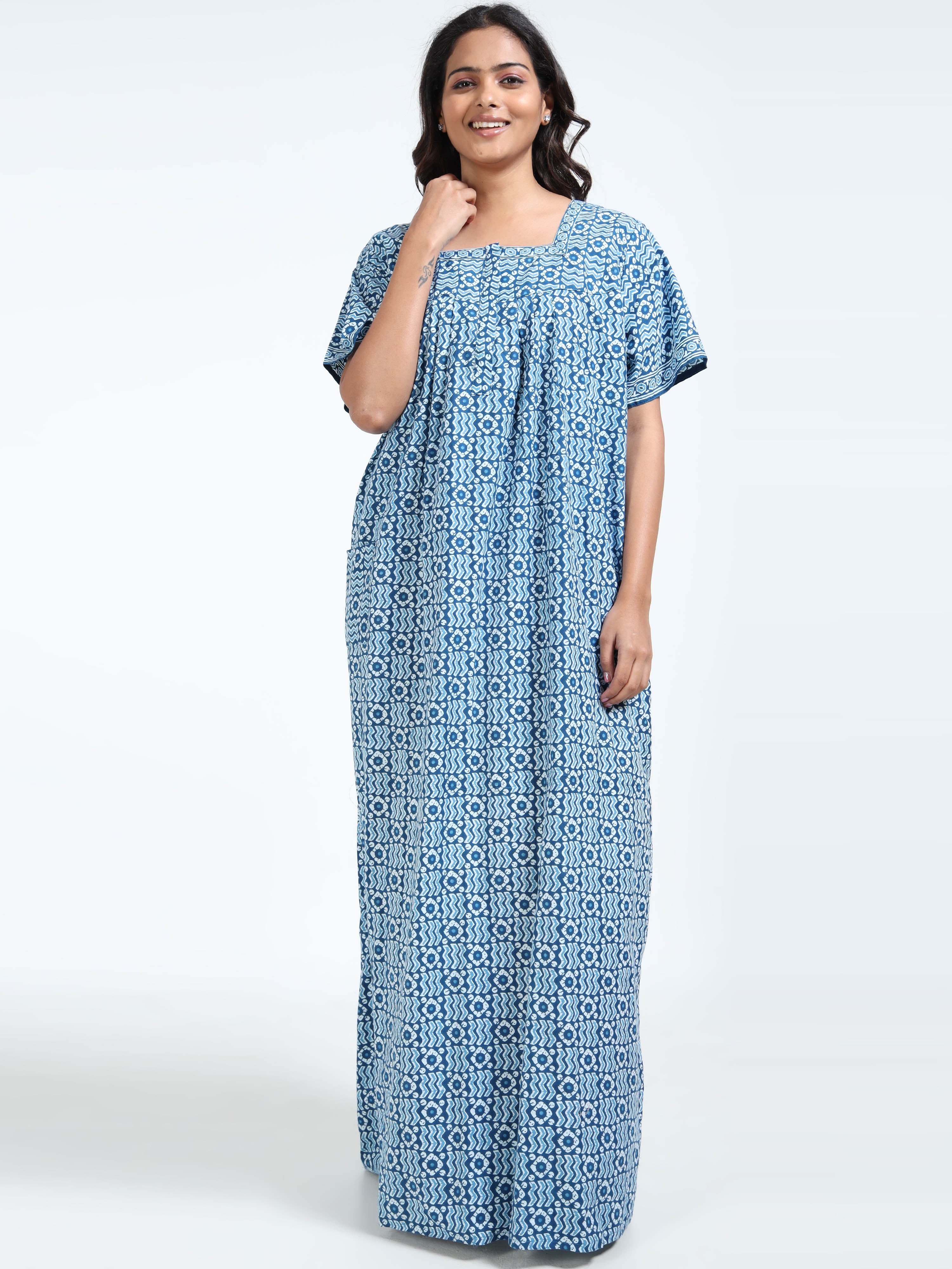 Alpine Cotton Nighty – Sky Blue Geometric Print with Pocket