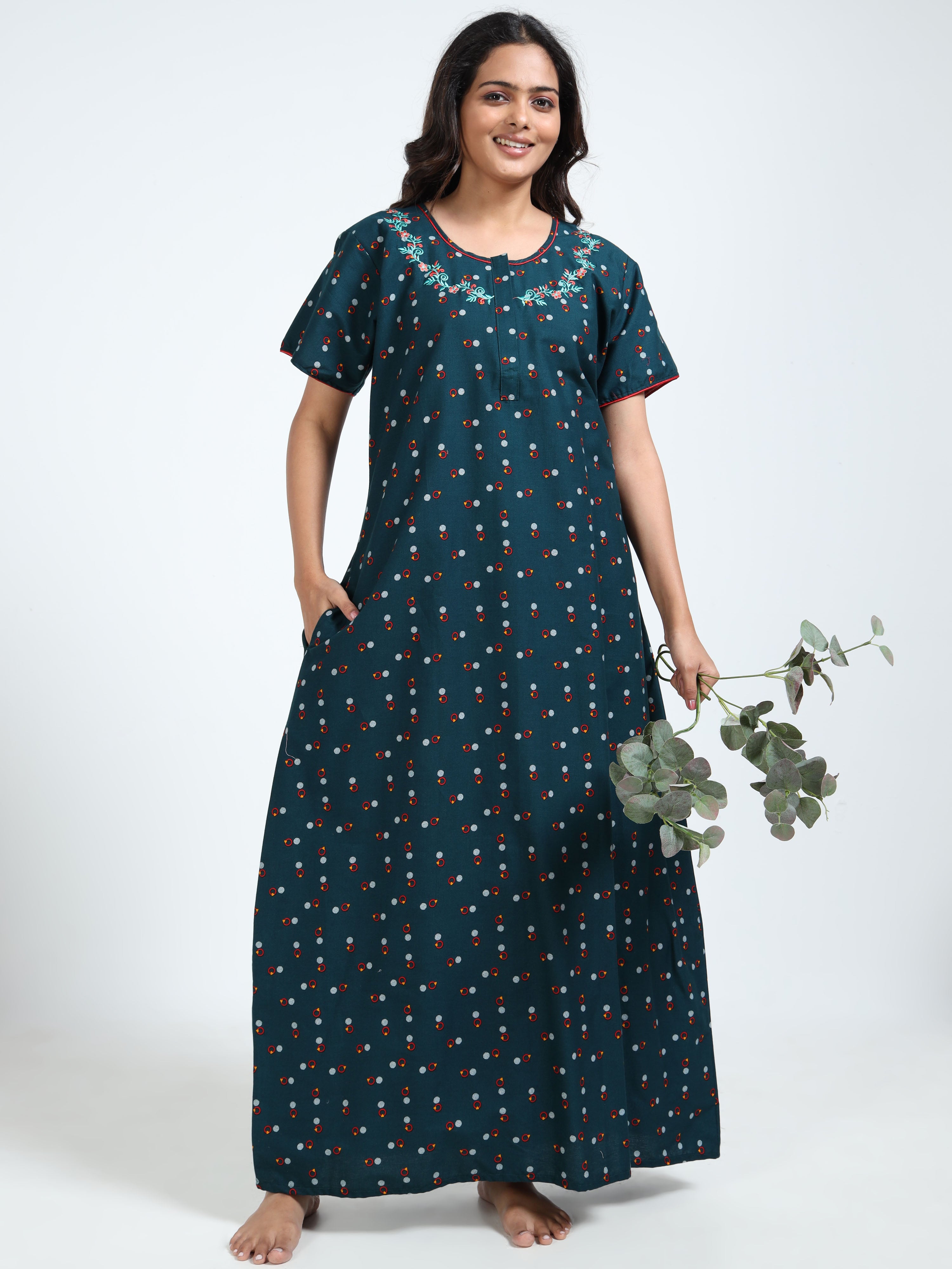 Teal Floral Printed Pure Cotton Nighty With Embroidered Nickline