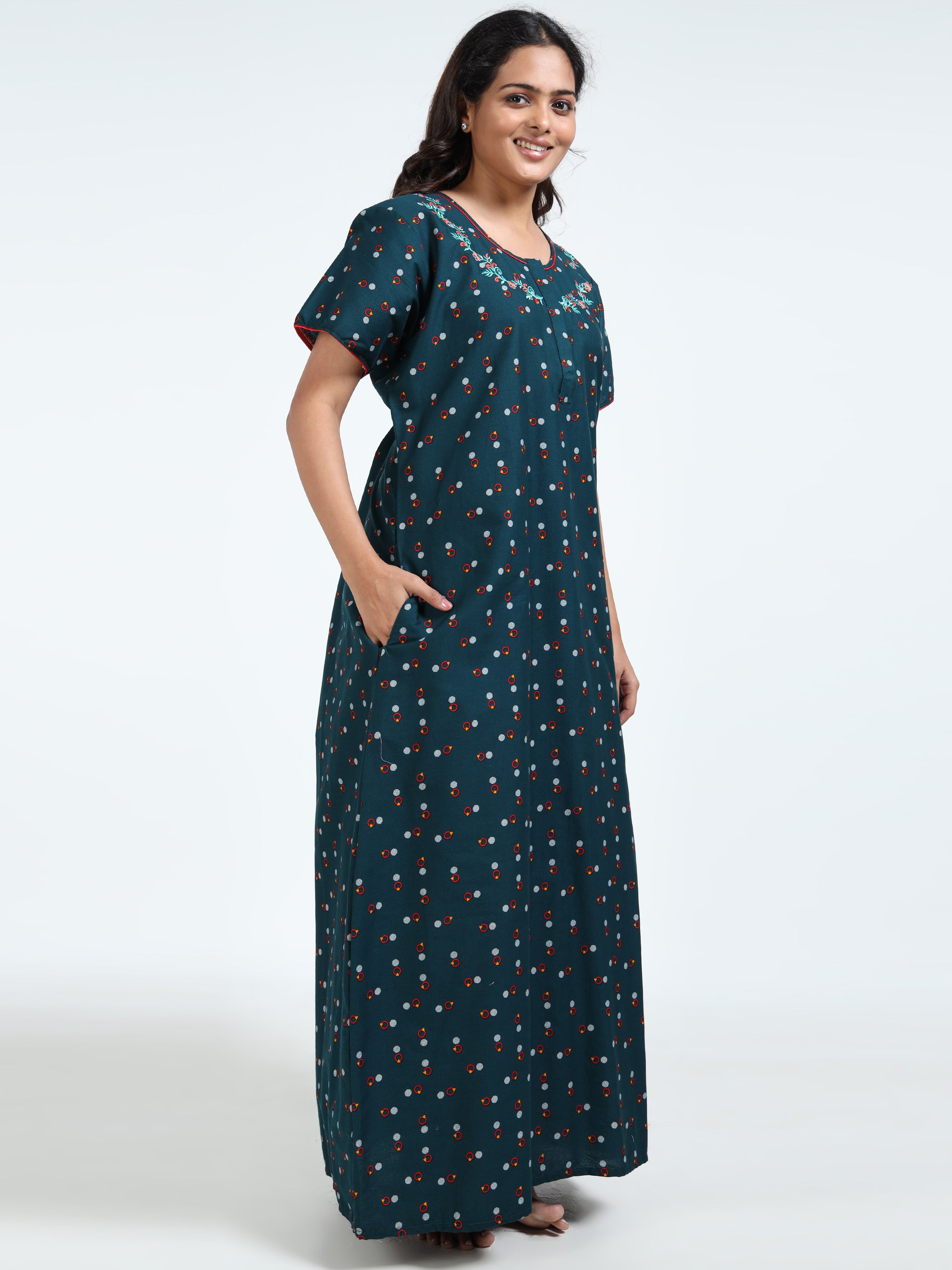 Teal Floral Printed Pure Cotton Nighty With Embroidered Nickline