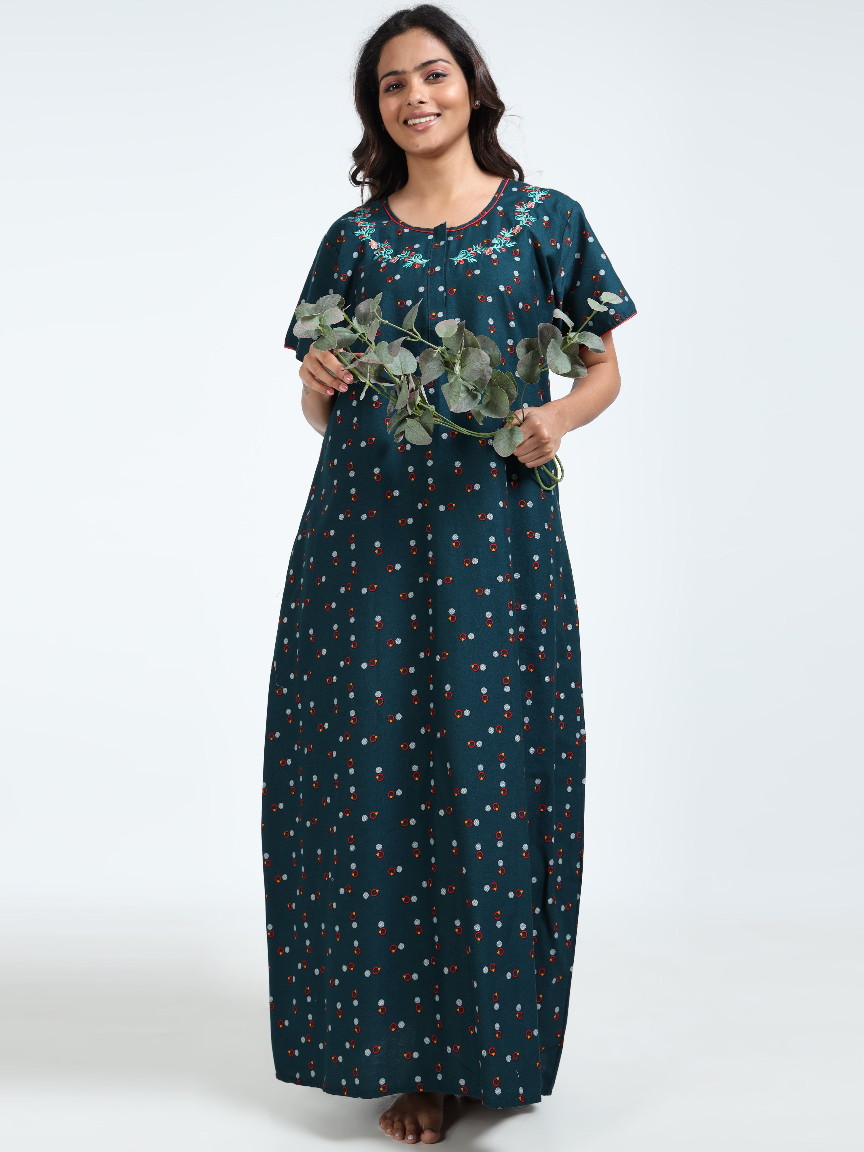Teal Floral Printed Pure Cotton Nighty With Embroidered Nickline