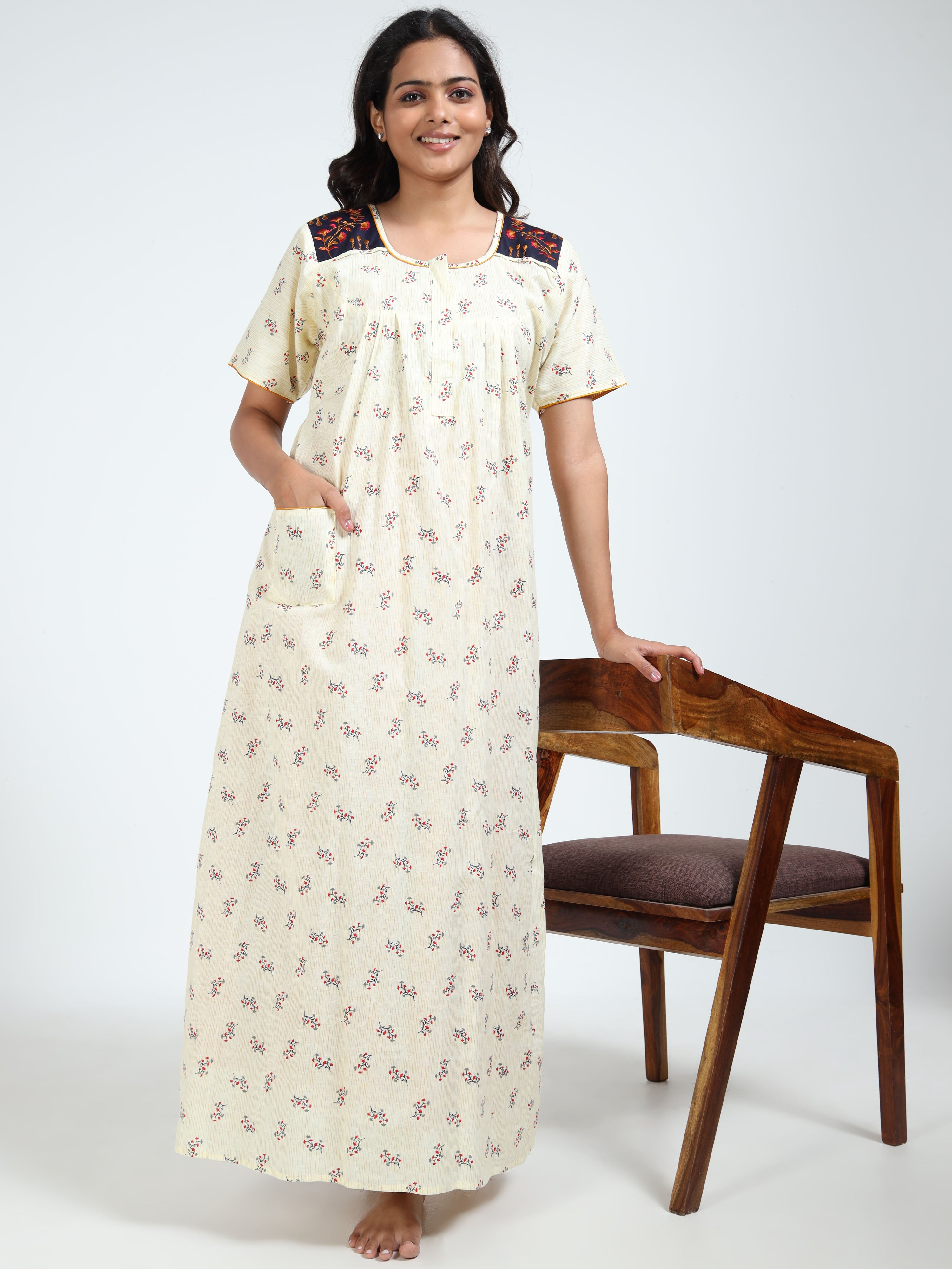 CREAM FLORAL PRINTED COTTON NIGHTY WITH EMBROIDERED NECK