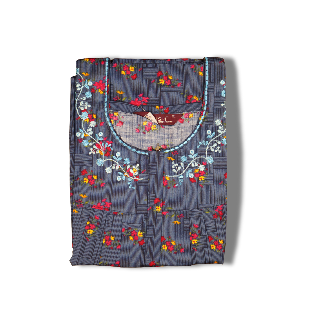 Elegant Green Floral Printed Nighty with Embroidered Neckline