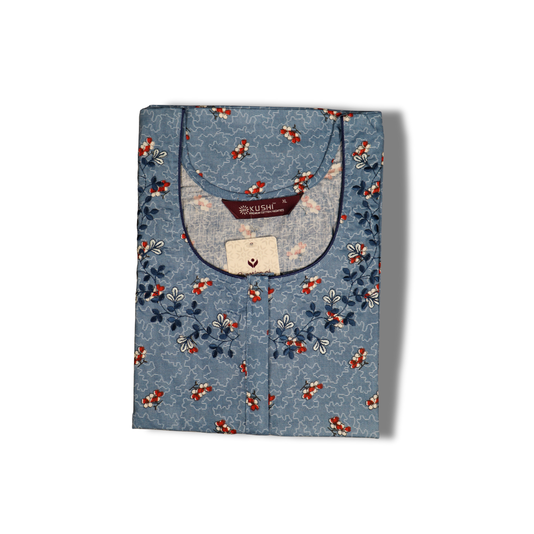 Pink Floral Printed Cotton Nighty with Neck Embroidery