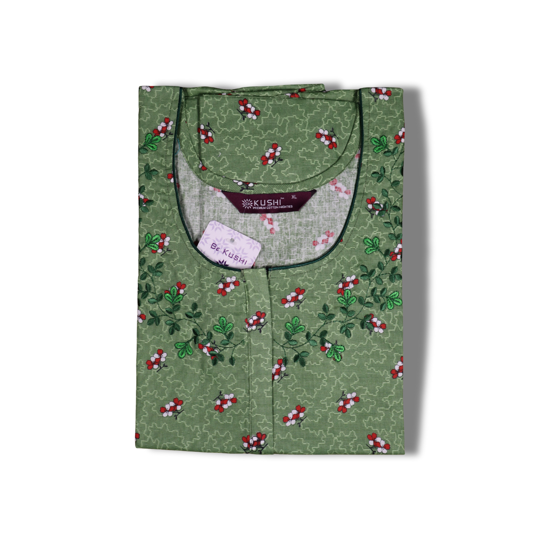 Pink Floral Printed Cotton Nighty with Neck Embroidery