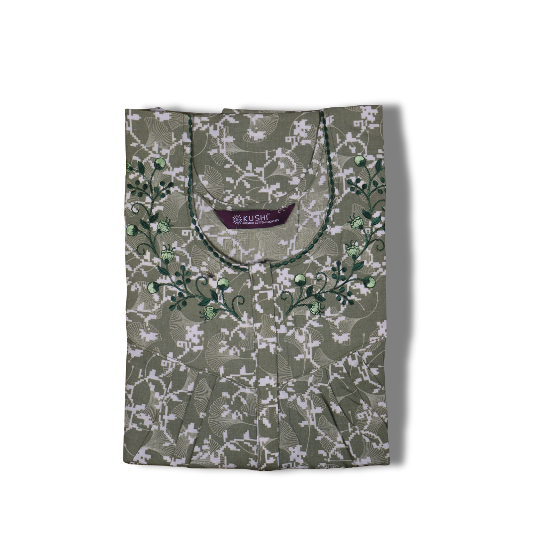 Premium Cotton Nighty – Slate Grey Floral, Round Neck, Short Sleeve