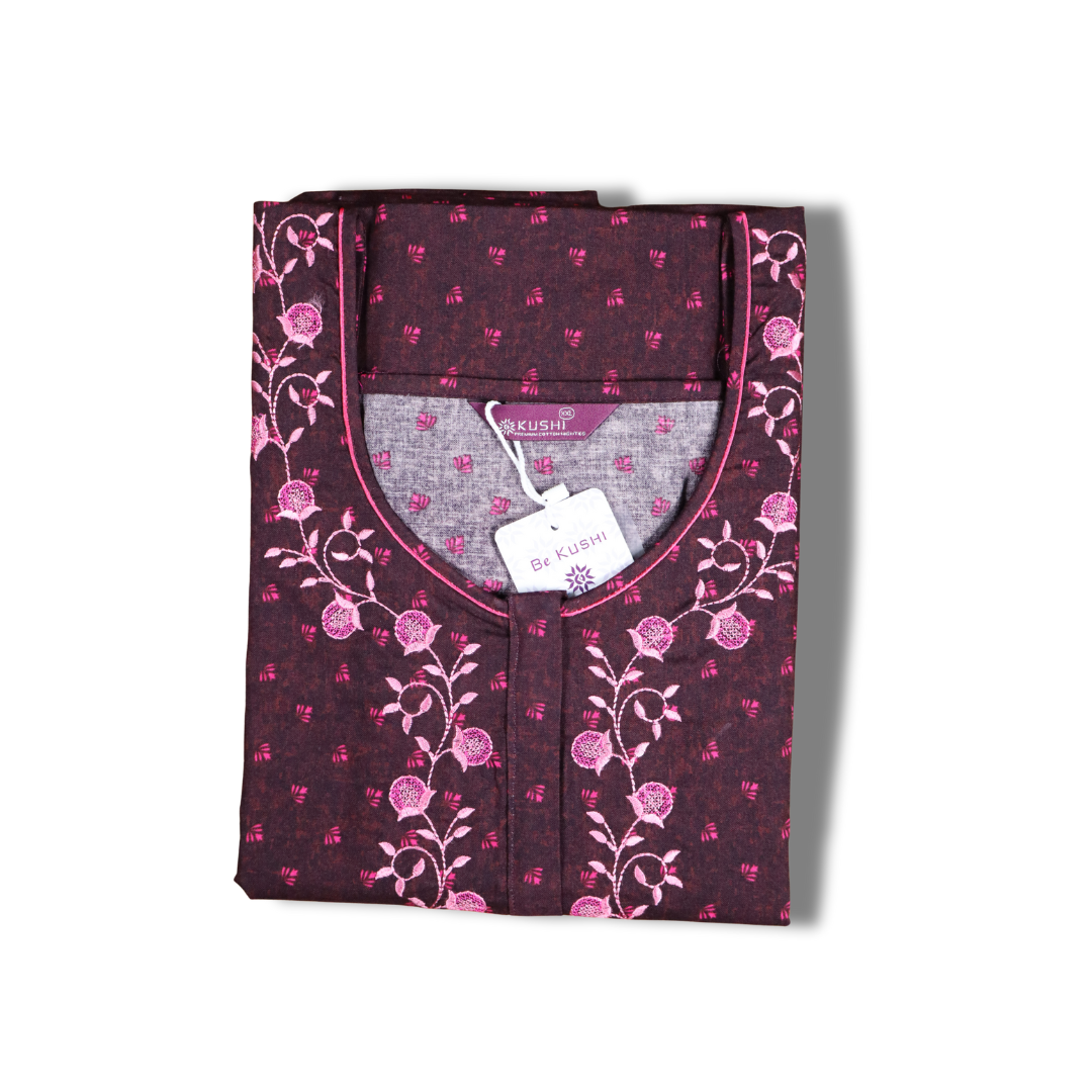 Olive Green Cotton Nighty with Yellow Floral Embroidery & All-Over Print