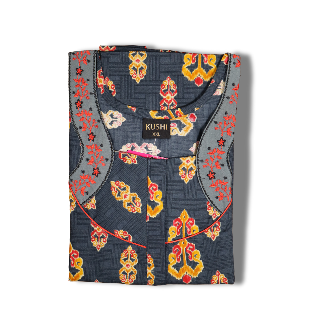 Red Printed Cotton Nighty with Blue Contrast Neckline
