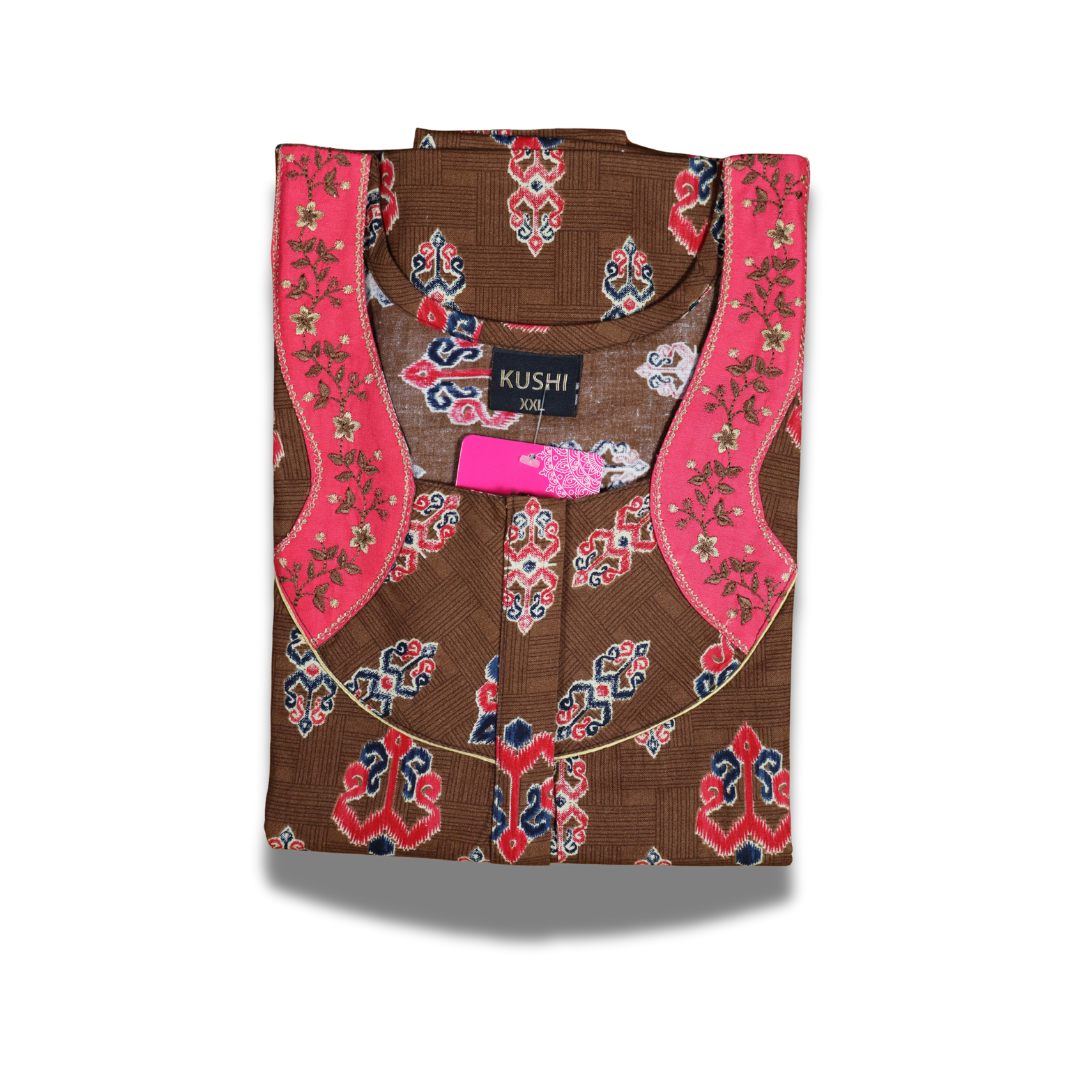 Red Printed Cotton Nighty with Blue Contrast Neckline