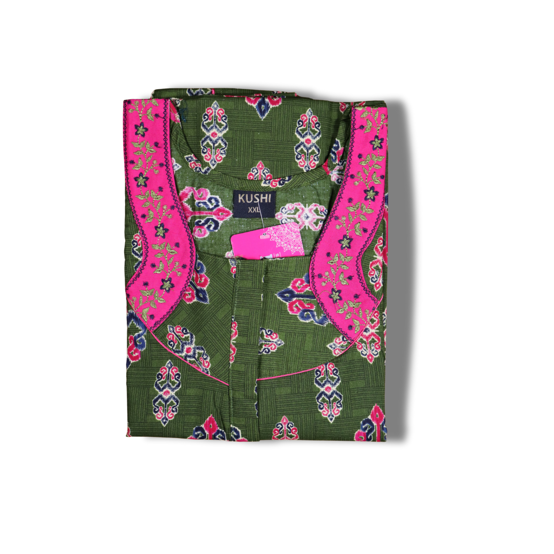 Red Printed Cotton Nighty with Blue Contrast Neckline