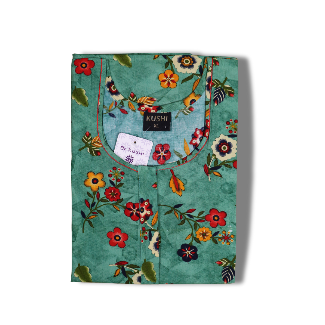 Bright Orange Floral Printed Cotton Nighty with Green Piping