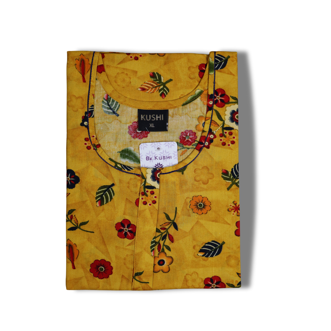 Bright Orange Floral Printed Cotton Nighty with Green Piping