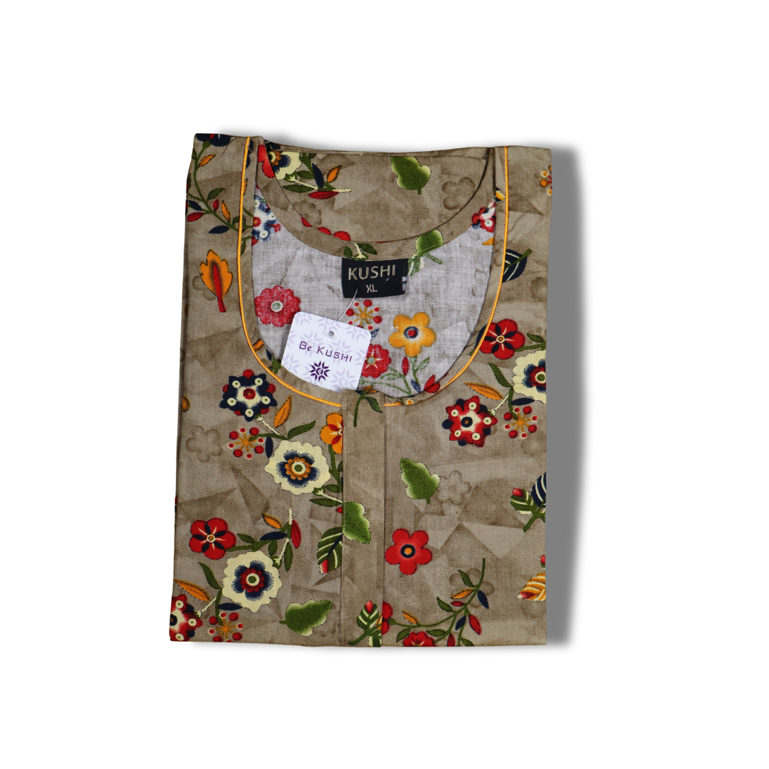 Bright Orange Floral Printed Cotton Nighty with Green Piping
