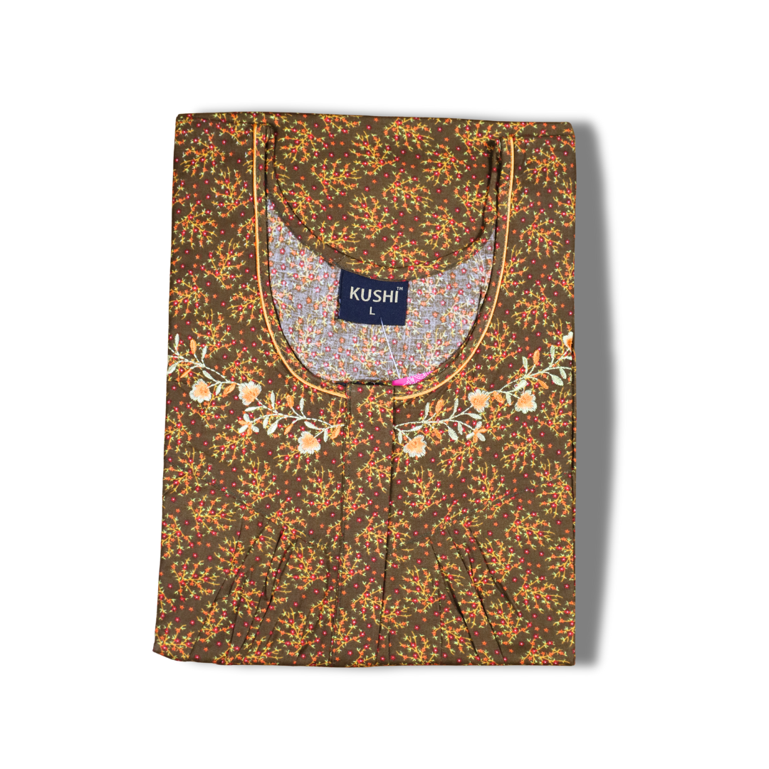 Maroon Floral Print Cotton Nighty with Pink Embroidery