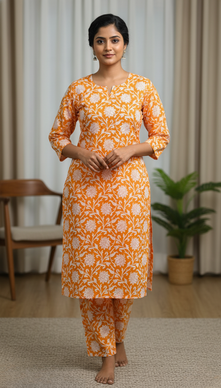 Violet Floral Print Cotton Kurta Set