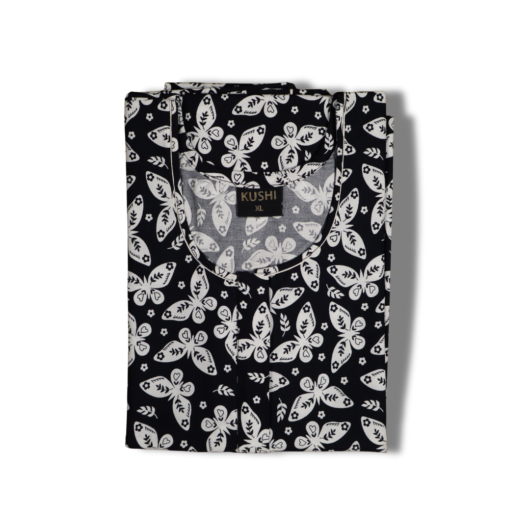Premium Cotton Red Nighty – White Leaf Floral Print