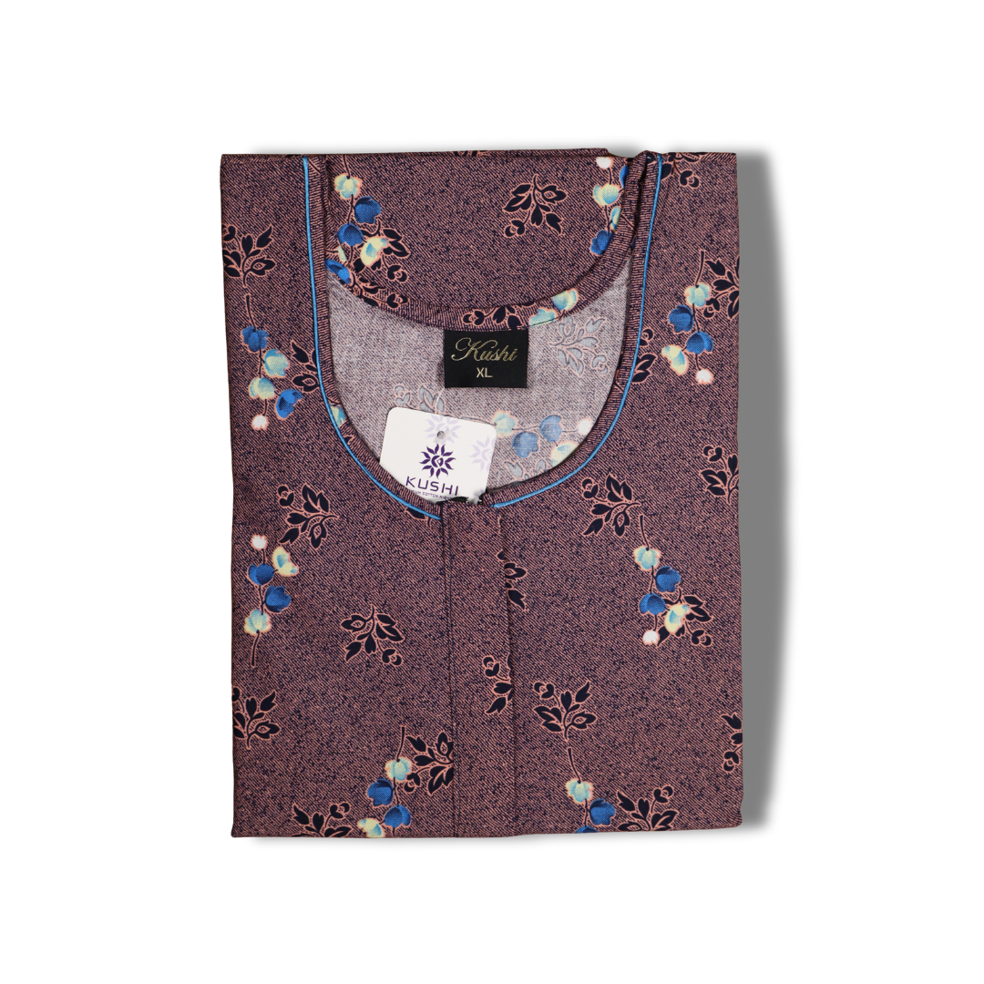 Premium Cotton Brown Nighty – Aqua & White Floral Print