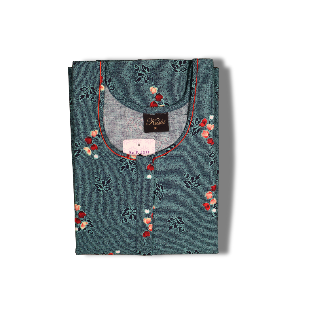 Premium Cotton Brown Nighty – Aqua & White Floral Print