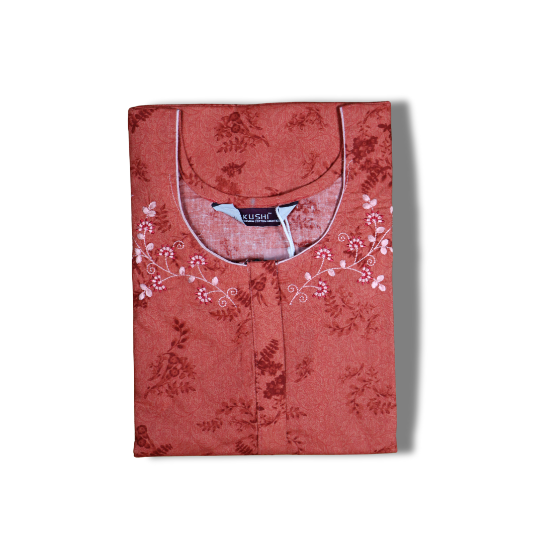 Elegant Grey Cotton Nighty with White Floral Neck Embroidery & Leaf Print