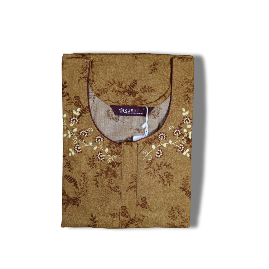 Elegant Grey Cotton Nighty with White Floral Neck Embroidery & Leaf Print