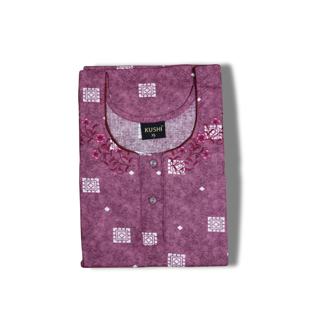 Dark Green Cotton Printed Nighty with Embroidered Neck & Pocket