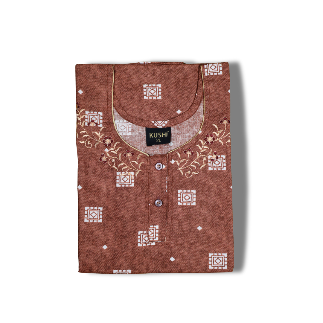 Dark Green Cotton Printed Nighty with Embroidered Neck & Pocket