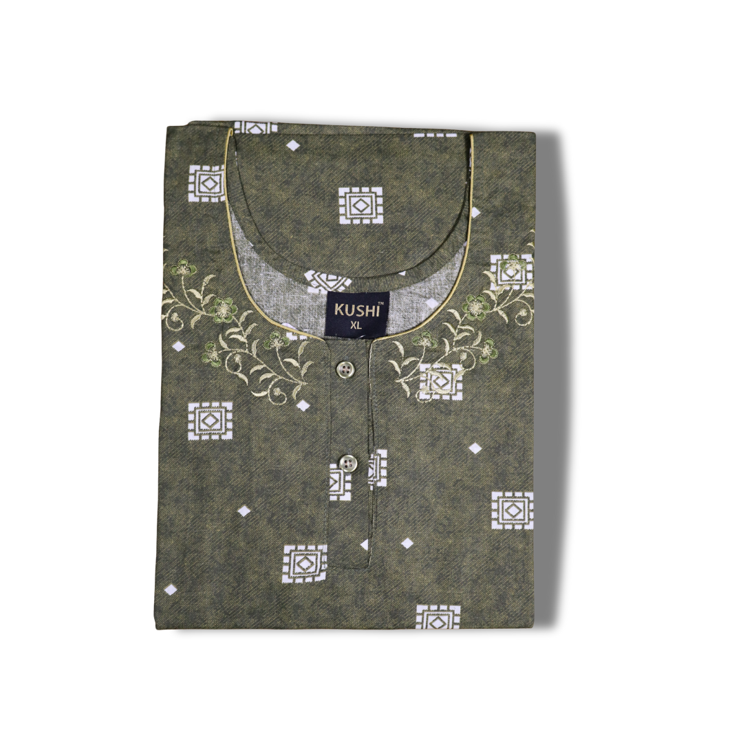 Dark Green Cotton Printed Nighty with Embroidered Neck & Pocket