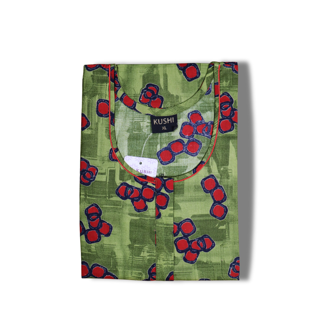 Bold Black & Brown Printed Nighty with Red Floral Motifs – Cotton Comfort