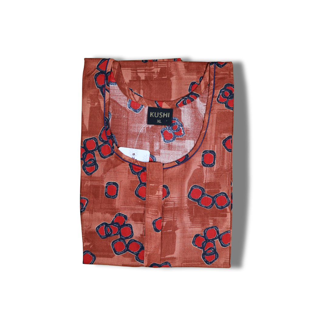 Bold Black & Brown Printed Nighty with Red Floral Motifs – Cotton Comfort