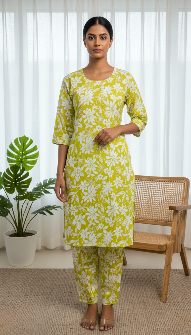 Bright Lime Floral Cotton Kurta Set