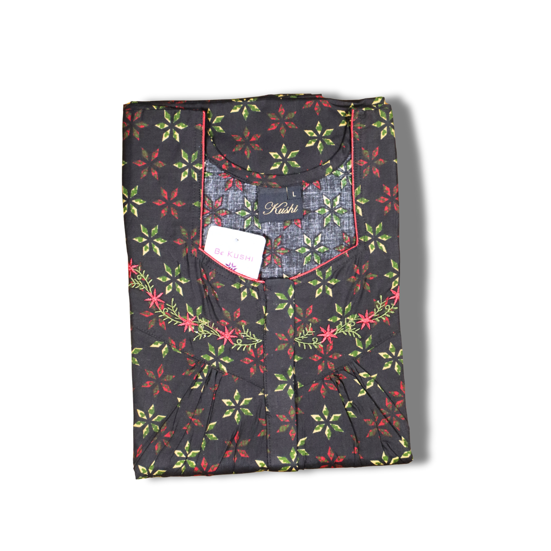 Olive Green Printed Cotton Nighty with Embroidered Neckline