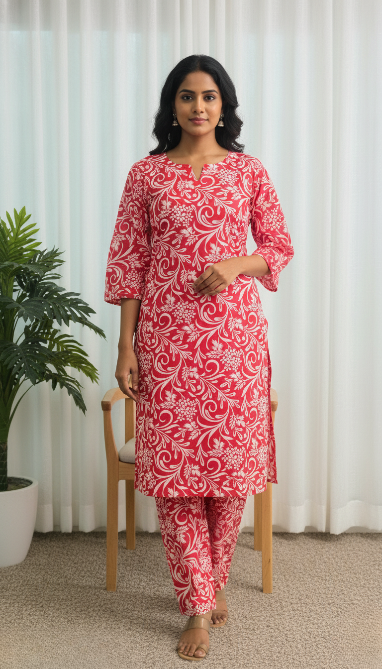 Red Floral Print Cotton Kurta Set