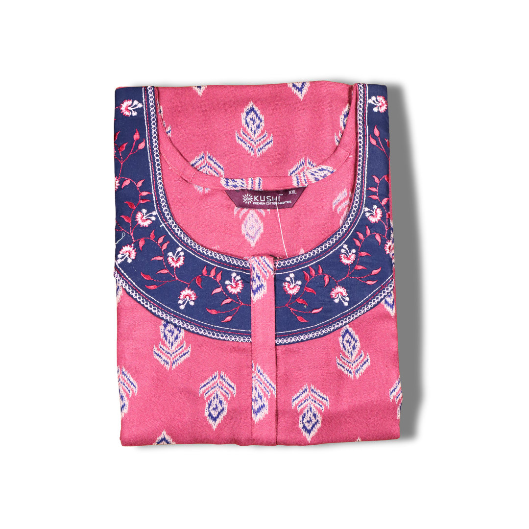 Maroon Printed Cotton Nighty with Embroidered Neckline
