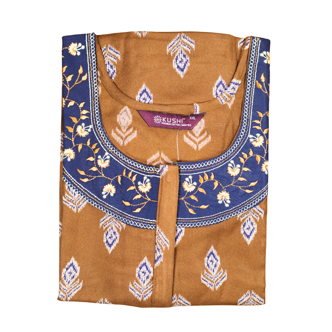 Maroon Printed Cotton Nighty with Embroidered Neckline