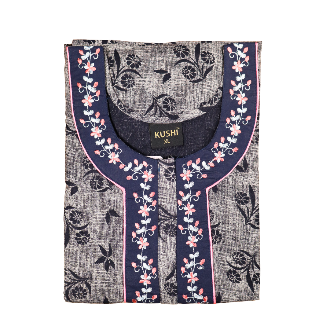 Stylish Grey Printed Cotton Nighty with Embroidered Neck