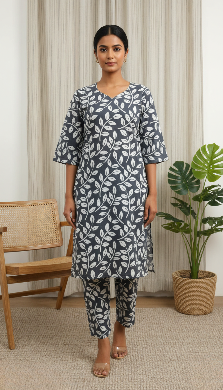 Pink Leaf Print Cotton Kurta Set