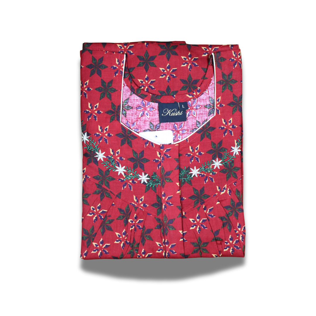 Olive Green Printed Cotton Nighty with Embroidered Neckline