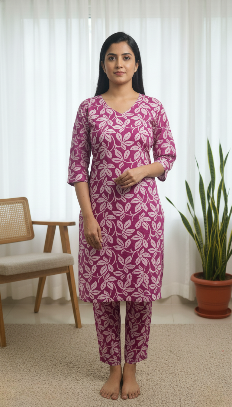 Onion Pink Floral Print Cotton Kurta Set