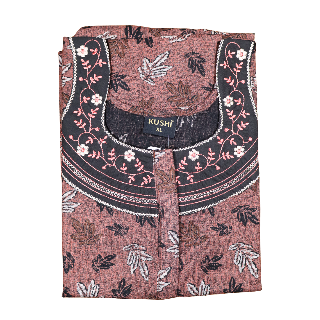 Grey Floral Printed Cotton Nighty with Black Embroidered Yoke
