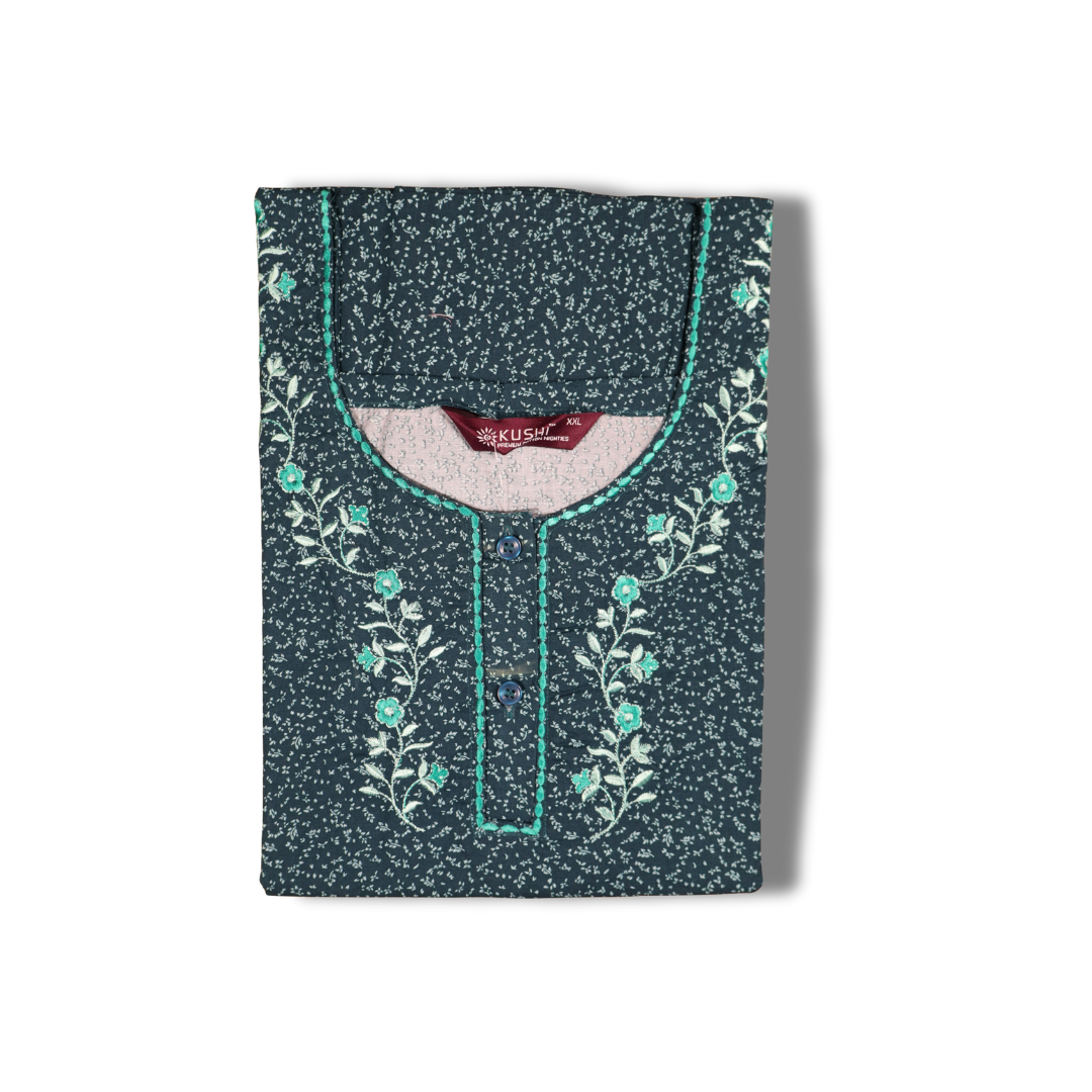 Elegant Navy Blue Cotton Nighty with Embroidered Neckline