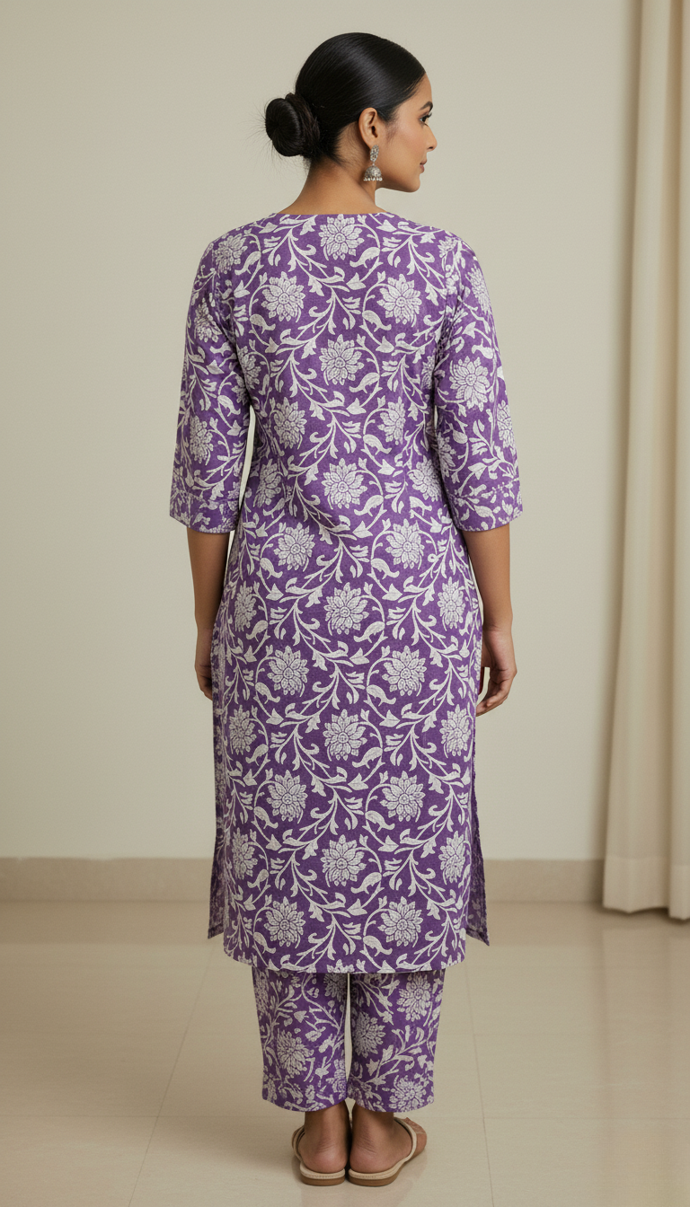 Violet Floral Print Cotton Kurta Set