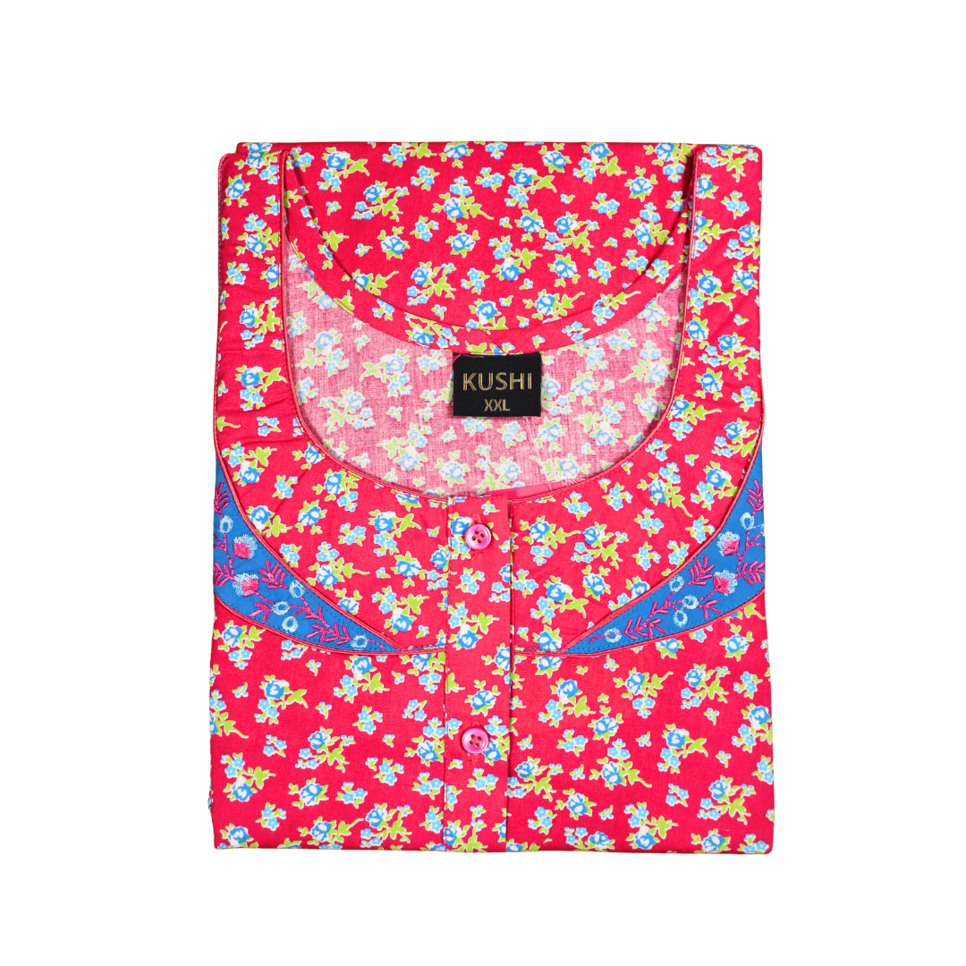 Yellow Printed Cotton Nighty with Maroon Contrast Neckline