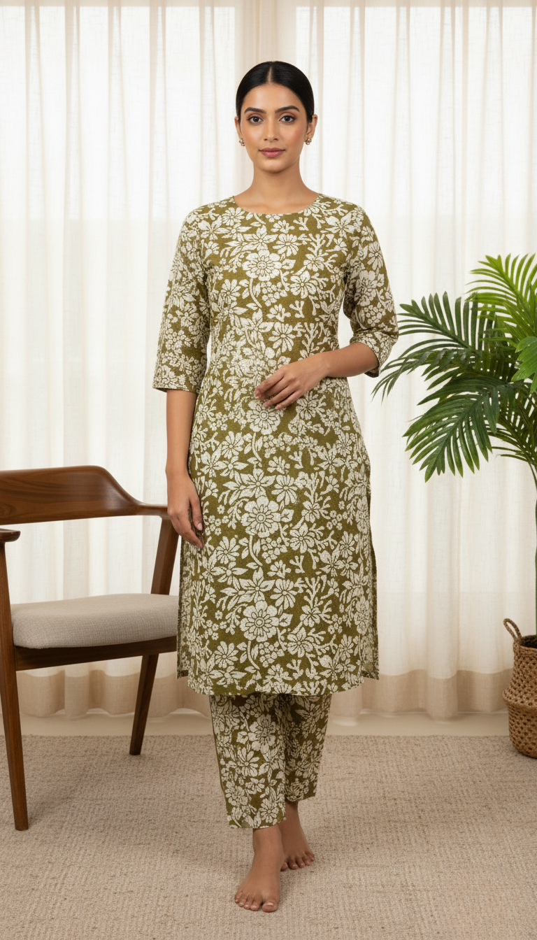 Elegant Blue Floral Cotton Kurta Set