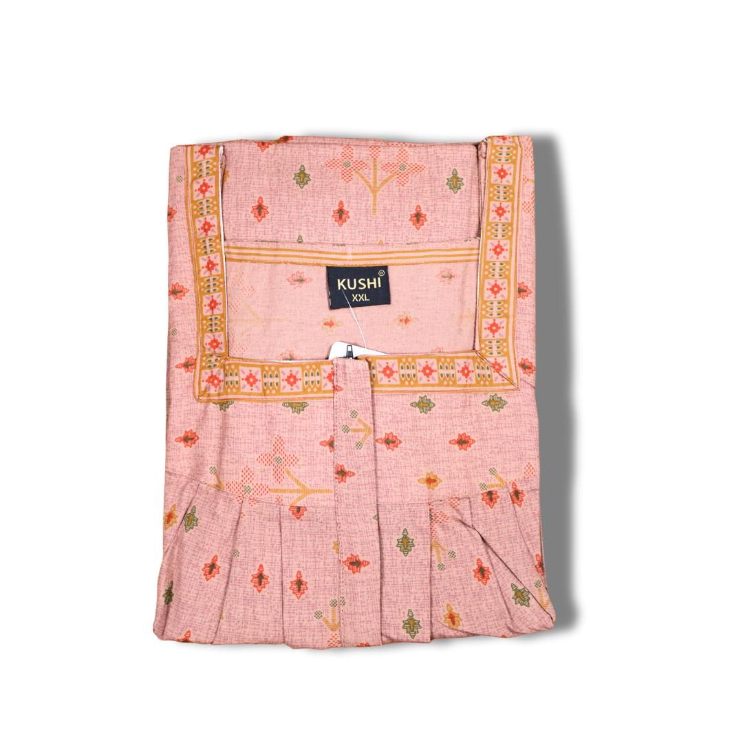 Light Peach Cotton Nighty with Orange Border Detailing