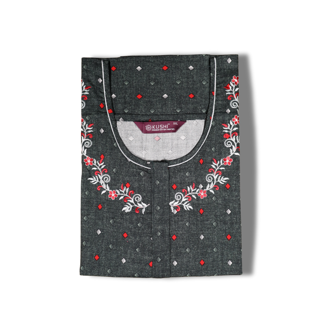 Blue Polka Dot Printed Cotton Nighty with Embroidered Neckline